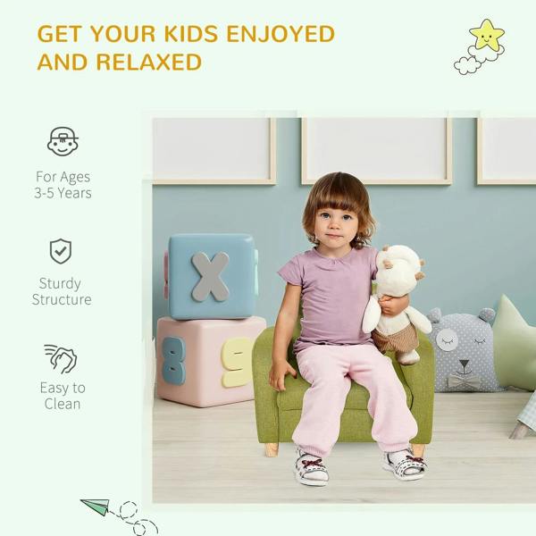 Green children armchair with wooden legs and textured fabric upholstery