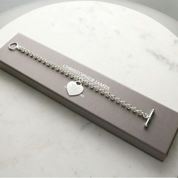 Sterling Silver T Bar Bracelet With Heart Charm and Engraving - Love Silver Jewellery
