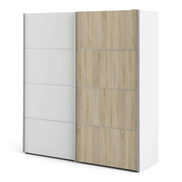 Wyld Haus Bordeaux Wide White and Natural Oak Double Sliding Door Wardrobe 5 Shelves 180cm
