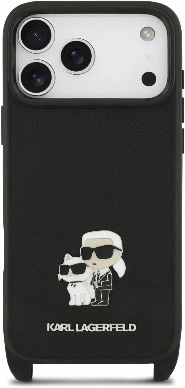 Karl Lagerfeld Saffiano Karl & Choupette Metal Pin Crossbody Strap Case for iPhone 17/18 Pro 6.3" Black - KLHCP18LSAKCPBK