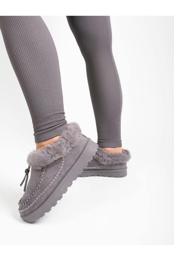 Kessia Faux Suede Fluffy Lined Ankle Boots With Stitch Detail - Grey