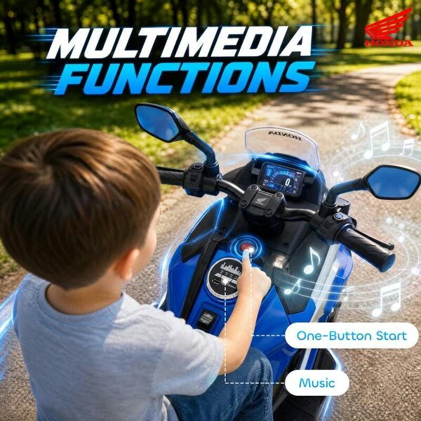 Licensed Honda 12V Kids Electric Motorbike with Training Wheels, Soft Start, Headlights, Music for 3-6 Years, Blue