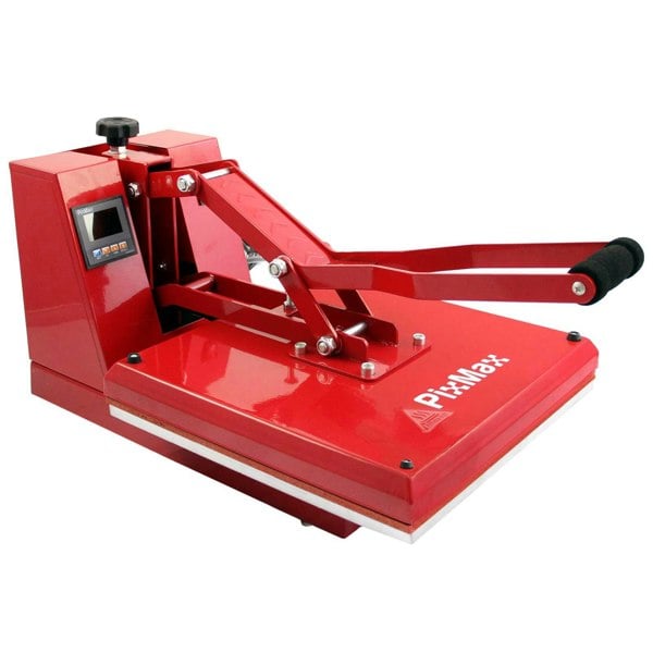 PixMax 50cm clam heat press in vibrant red, featuring a sturdy handle, digital display, and smooth pressing surface for vinyl projects