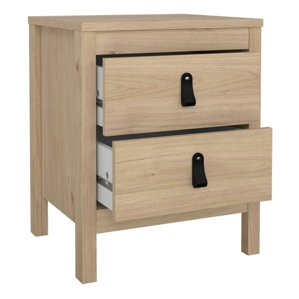 Wyld Haus Wildberry Natural Oak Wood Bedside Table 2 Drawers Leather Handles
