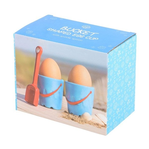 Serano Set of 2 Bucket Shaped Ceramic Egg Cups with Spade Spoons