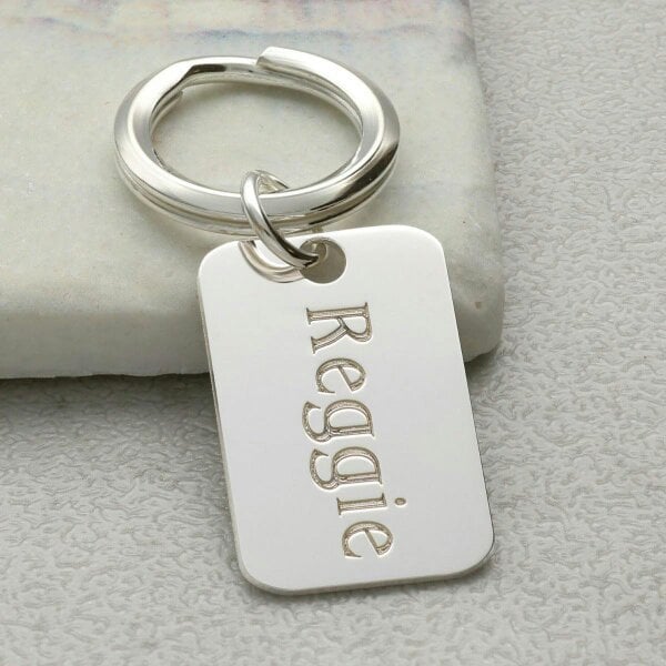 Christopher James of London Sterling Silver Name Rectangle Keyring With Optional Engraving