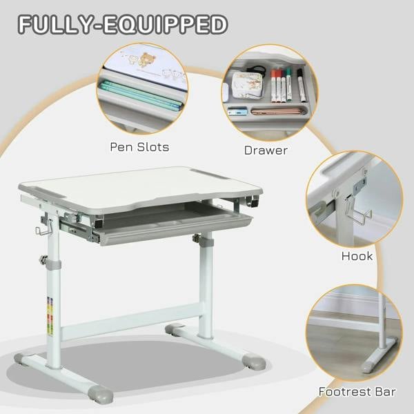 Kids writing desk set with pen slots, drawer, side hook, and footrest bar, grey