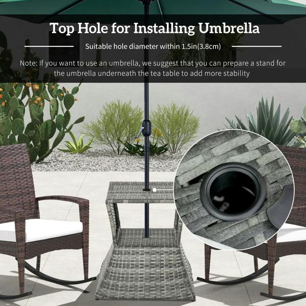 Grey wicker rattan coffee table with umbrella hole opening and open storage space