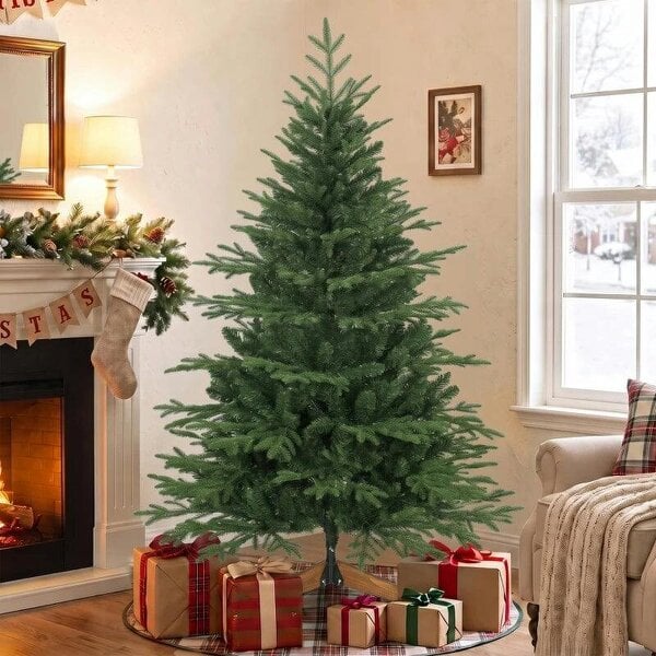 Bobobiy 150cm Artificial Christmas Tree Full Hinged Xmas Tree Solid Pine Wood Stand, Green - Green