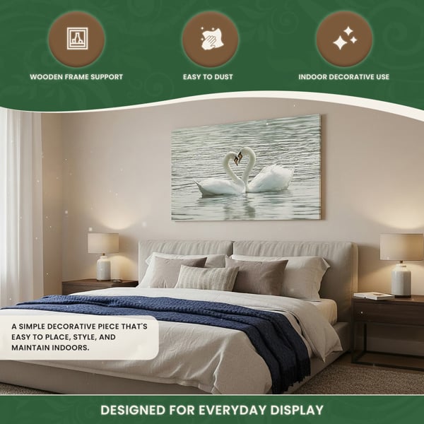 Large Swans Canvas Print, Romantic Water Scene of Two Swans Touching, 100 x 60 cm, Stretched Canvas on Wooden Frame