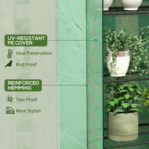 Green greenhouse PE cover corner with reinforced hem stitching and metal fasteners