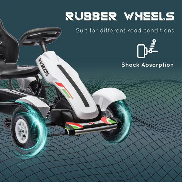 White kids pedal go-kart with black seat, steering wheel, and rugged rubber wheels