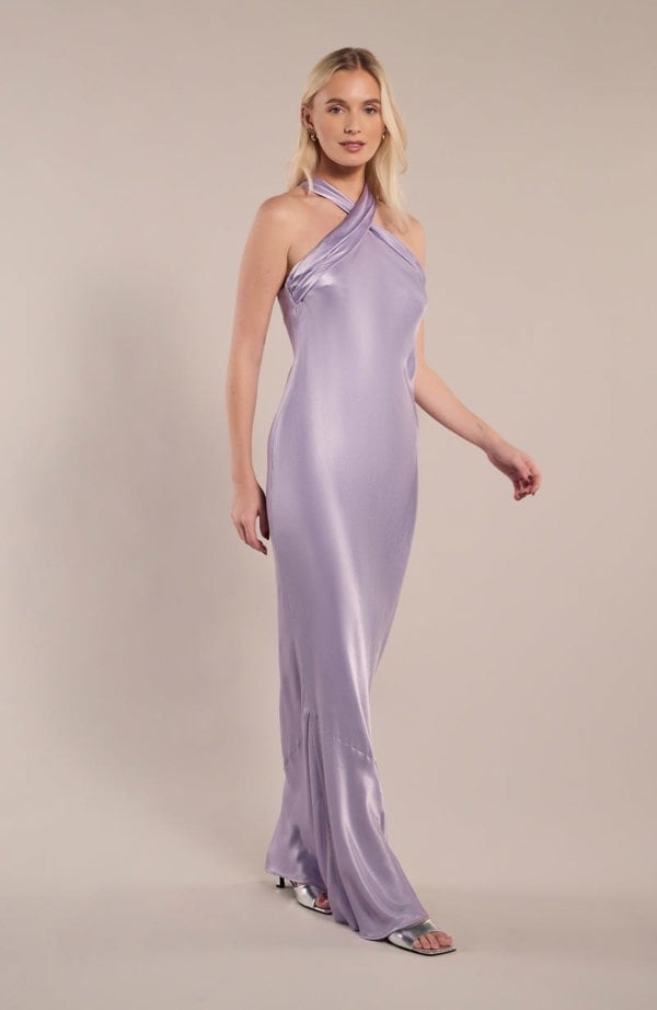 Rewritten London Roma Dress in Lilac Satin