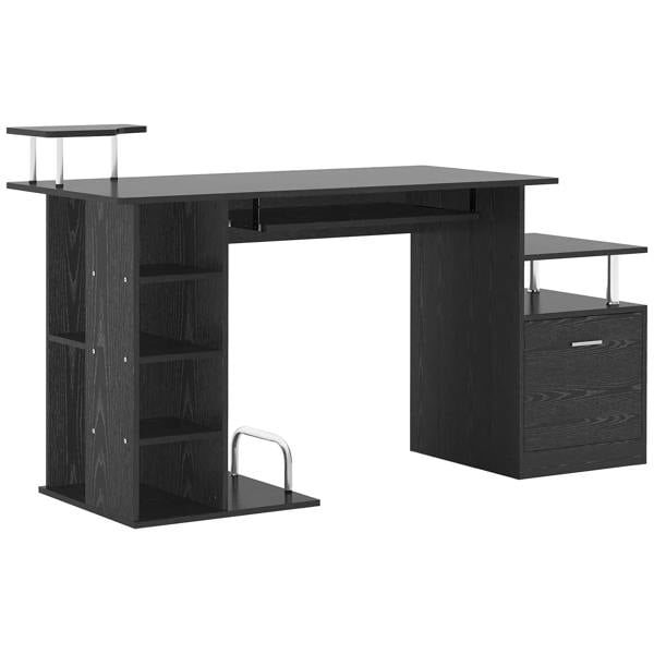 Black computer desk with open shelving on left and side drawer on right