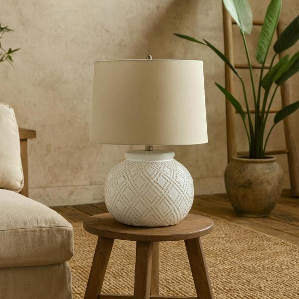 Wyld Haus Lautrec Geometric Dot White Ceramic Lamp With Cream Linen Shade