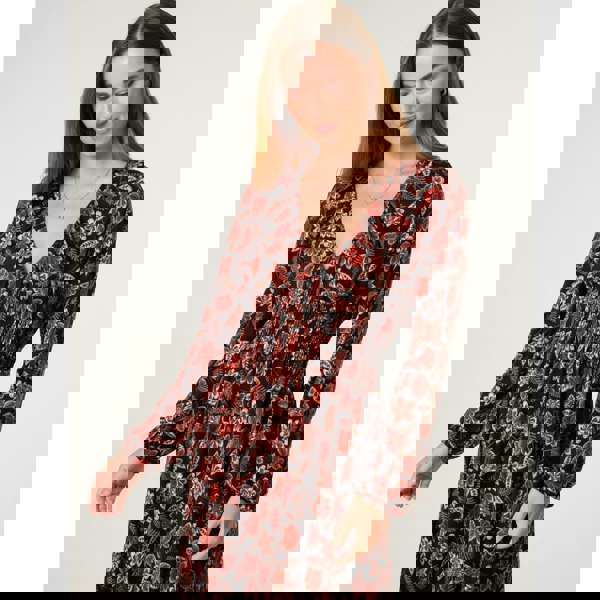 Blue Vanilla V Neck Shirred Long Sleeve Dress