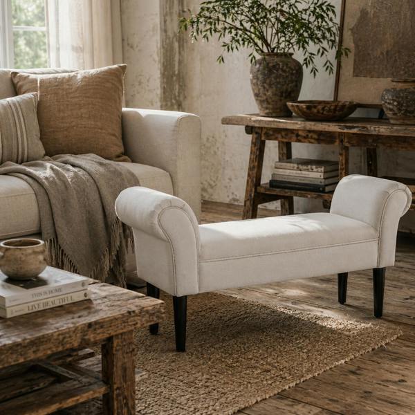 Wyld Haus Rosomi  Cream Upholstered Mid Century Entryway Bench With Armrests And Wooden Legs