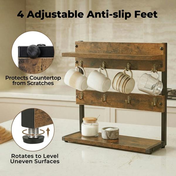 Levede Mug Holder Stand Coffee Cup Rack Storage Organiser 8 Hooks Rustic Brown