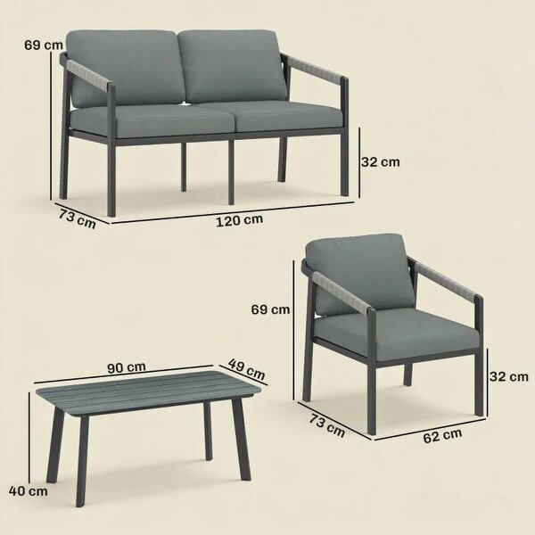 Aluminium Garden Furniture Set, 4 Seater Outdoor Patio Furniture with Loveseat, 2 Armchairs, Slatted Table