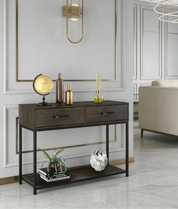ADOV Console Table with 2 Drawers, Industrial Hallway Table with Open Shelf and Metal Frame for Living Room
