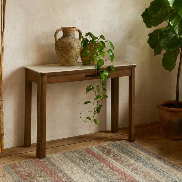 Wyld Haus Cork Cream Ceramic Console Table with Oak Veneer Base 1 Drawer