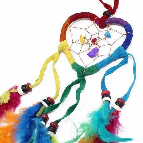 Rainbow dreamcatcher heart with woven web, beads, and hanging feather tassels