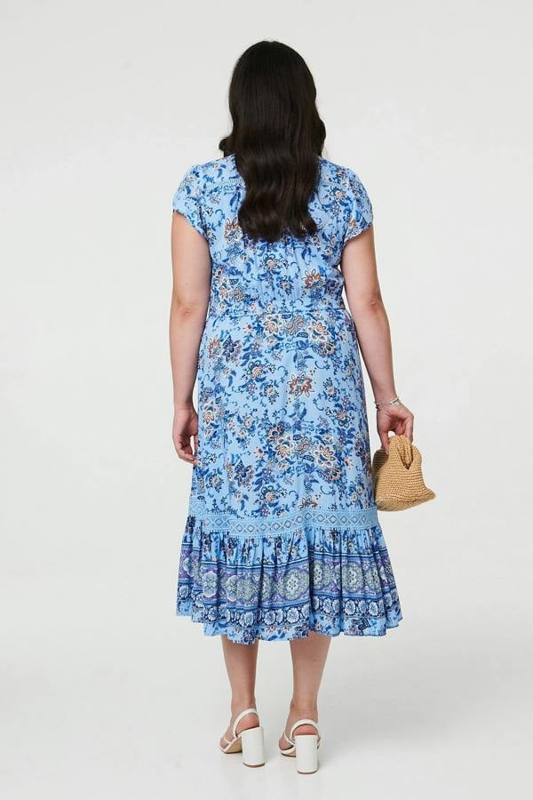 Blue | Curve Floral Cap Sleeve Lace Midi Dress
