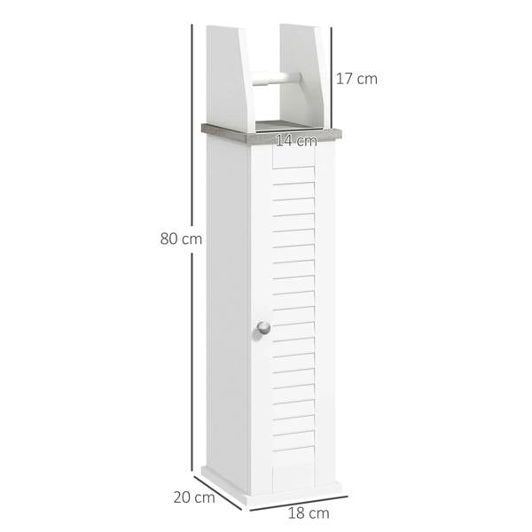 White slim floor cabinet with roll holder and slatted shelf, 80 x 20 x 18 cm