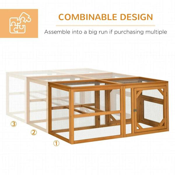 Wooden chicken coop with wire mesh walls, raised frame, and end door panel