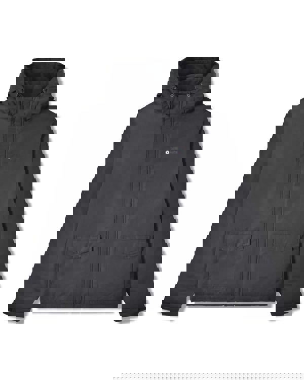 Lambretta Mens Padded Hooded Classic Badge Jacket Coat, black padded jacket with front pockets, hood with adjustable drawstrings, and Lambretta logo on the chest.