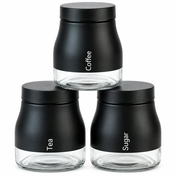 ATEK 3 Piece Tea Coffee Sugar Canister Set Kitchen Storage Jars Black
