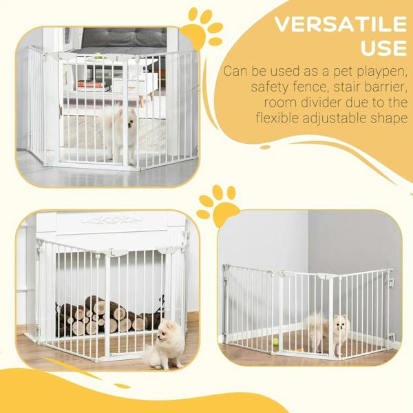 White foldable pet safety gate shown in use with small dogs from multiple angles