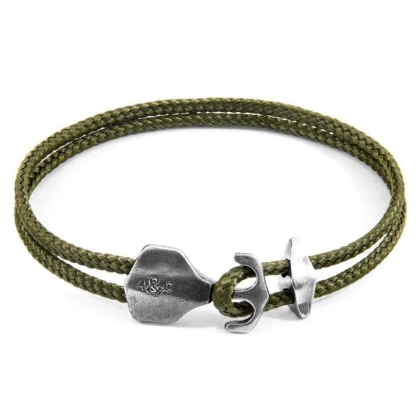 Anchor & Crew Khaki Green Delta Anchor Silver and Rope Bracelet