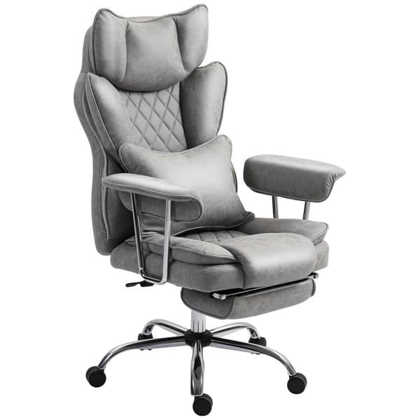 Grey reclining office chair with lumbar support pillow, padded arms, chrome base