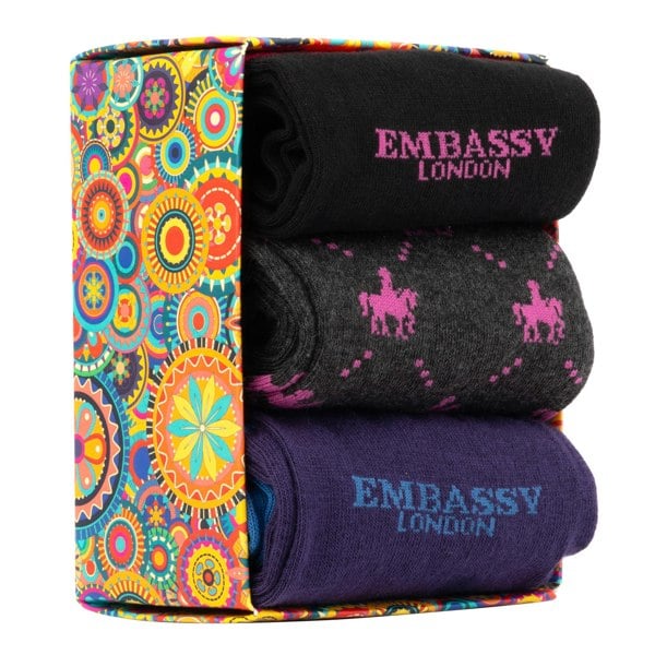 Embassy London Socktopus - Pink Horse - Men's 3 pack cotton crew socks size UK 6 to 12 in brand mix