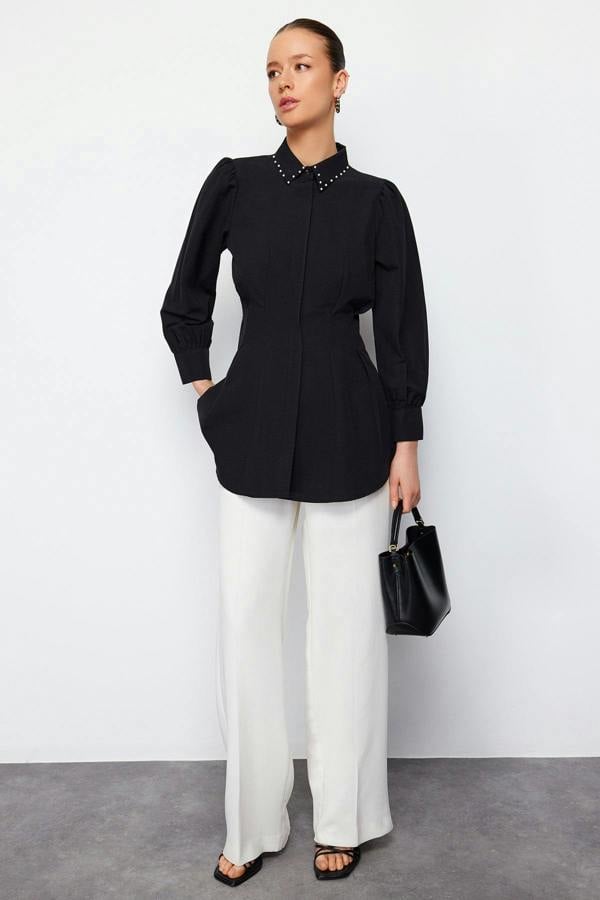Pearl Detail Fitted Long Sleeve Shirt