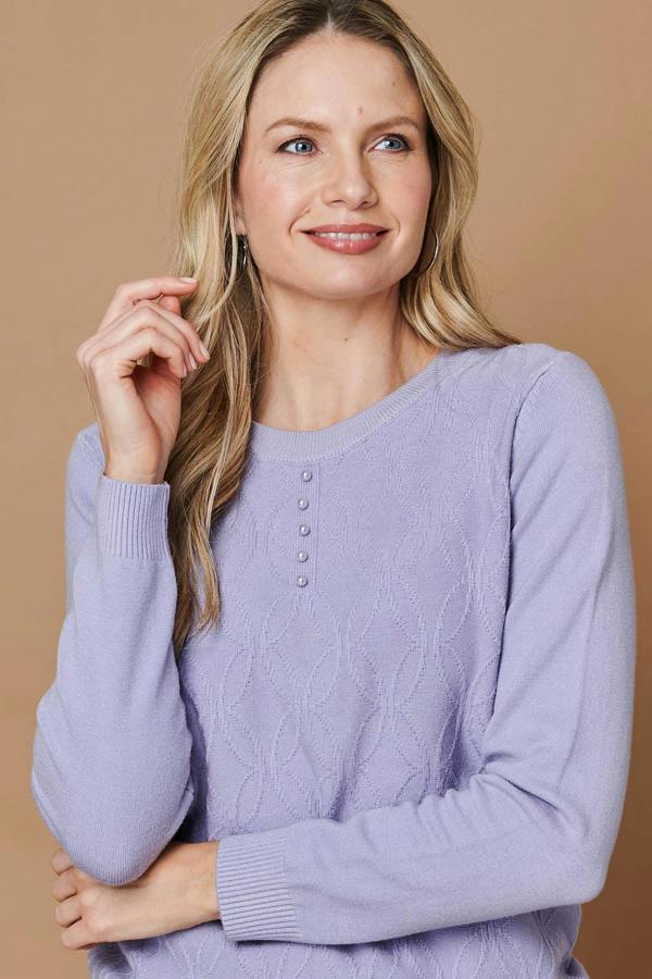 Purple | Pearl Detail Textured Long Sleeve Top