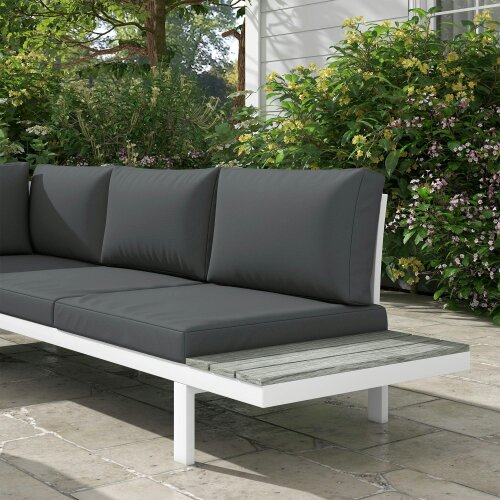 Wyld Haus Vayo Metal White Frame 5 Seater Reclining Corner Garden Sofa Set With Wood Effect Table And Grey Cushions