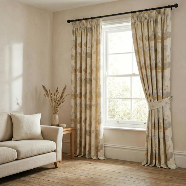 Kershaw made-to-measure curtains in Gold, styled in a living room