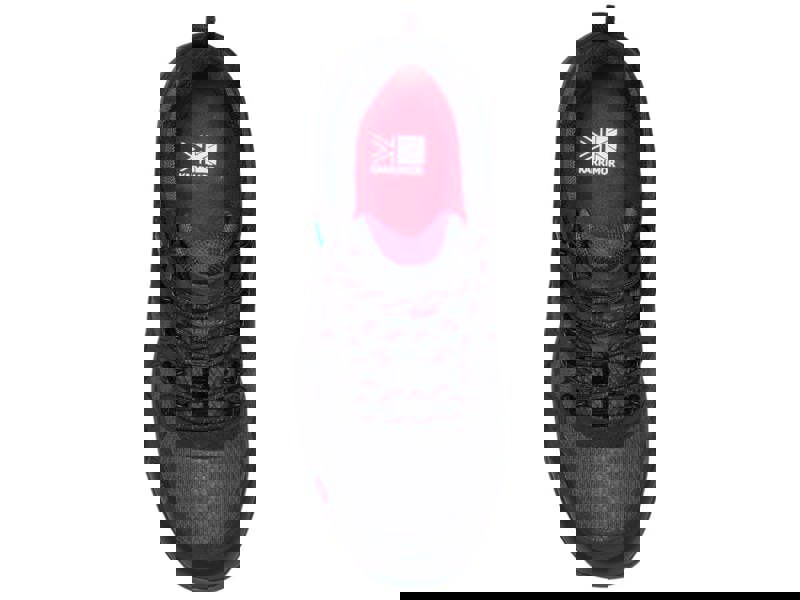 Karrimor Bodmin Low 6 Womens Waterproof Hiking Walking Trainers, front view of the footwear with a black, grey, and purple color scheme, lace-up closure, and cushioned ankle support.