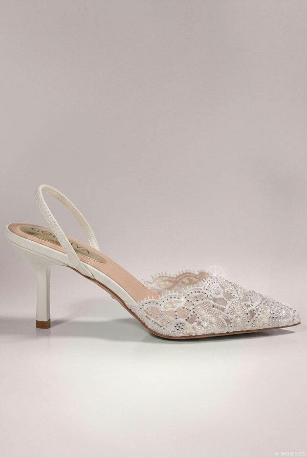 Goddiva Embellished Scalloped Edged Lace Slingback Heels - White by Goddiva