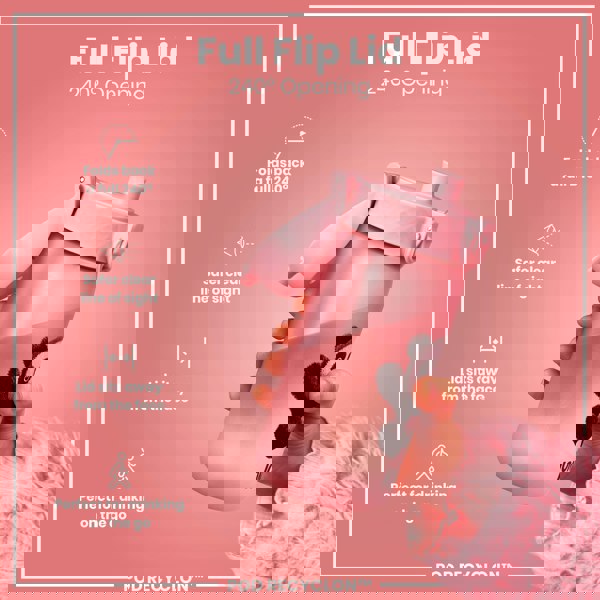 A pink water bottle with a panda design, featuring a 240° opening flip lid, is held in a hand against a pink background. The lid folds back, sits away from the face, and is marketed as perfect for on-the-go drinking. POD RECYCLON™ is also visible.