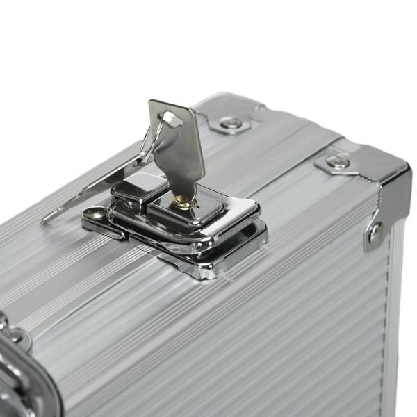 Close-up of aluminum poker case latch mechanism and top handle
