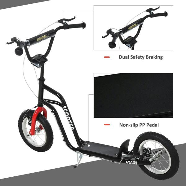 Teen kick scooter with black frame, textured handlebars, dual safety braking, kickstand shown
