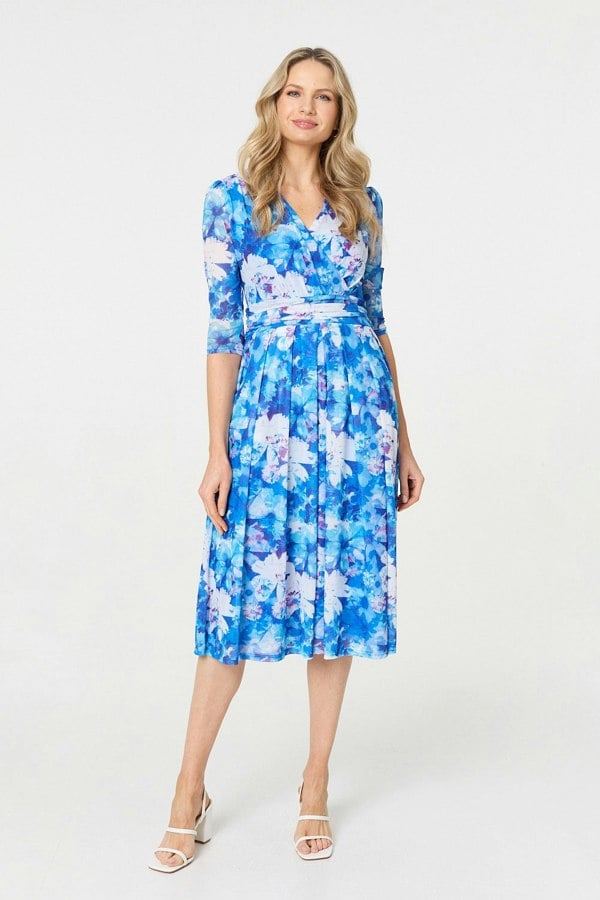 Blue | Floral Mesh Pleated Faux Wrap Midi Dress