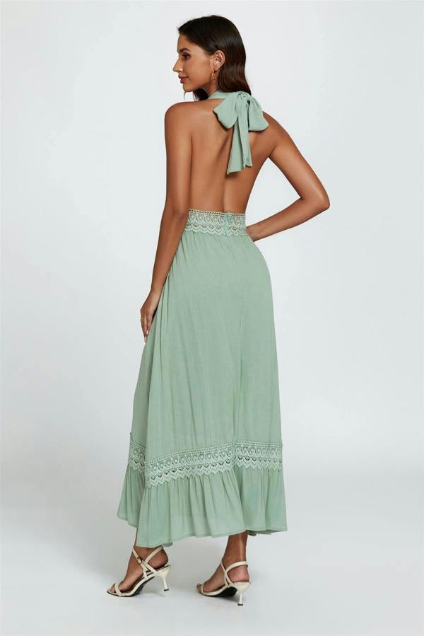 FS Collection Lace Detail Adjustable Deep V Neckline Maxi Dress In Green