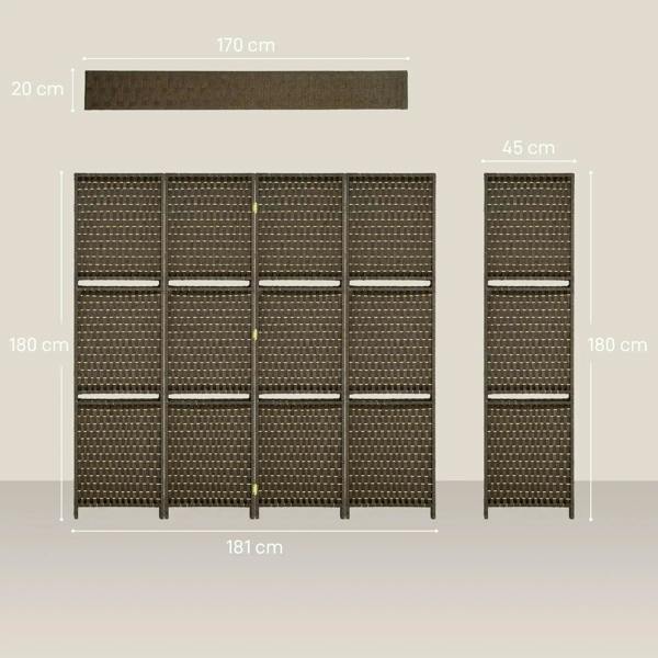 Brown 4-panel privacy screen with shelves, plus narrower side panels, front view