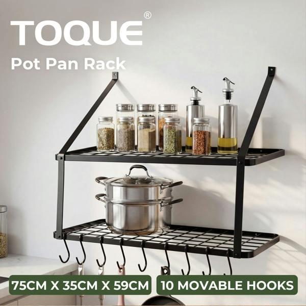 TOQUE Pot Pan Rack Wall Mounted Kitchen Shelf 2 Tier Storage Rack Metal 10 Hooks