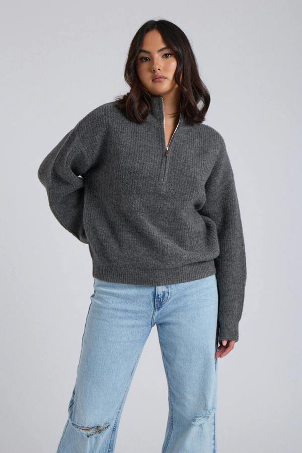 Urban Bliss Grey Ribbed Oversized Half Zip Jumper