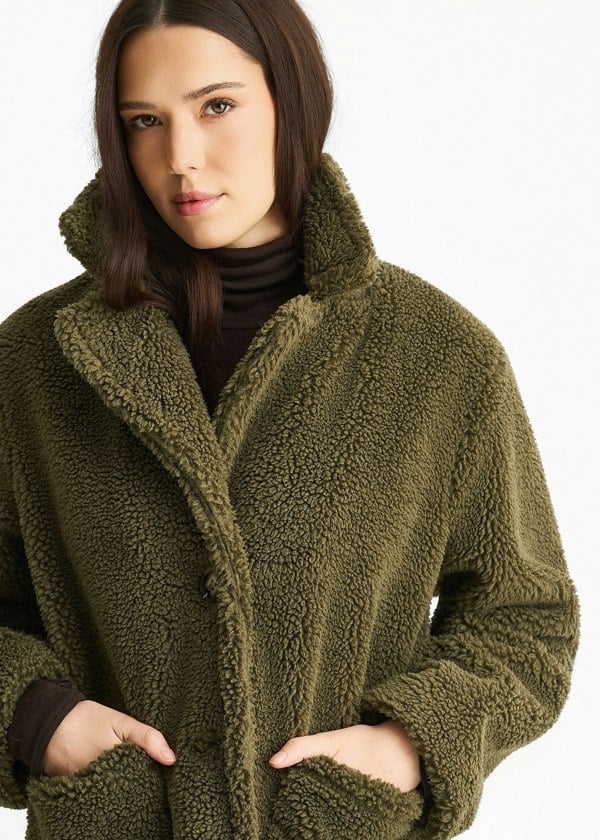 Gini London Khaki Faux Fur Longline Teddy Overcoat